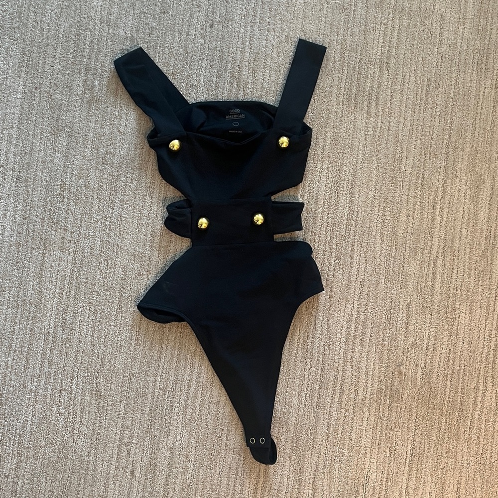 Good American Black Bandage Cutout Bodysuit Gold Buttons